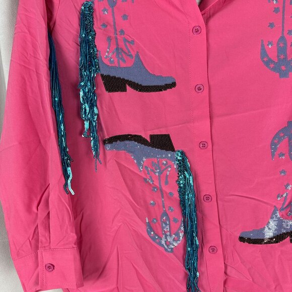 Blue b. Collection Hot Pink Western Shirt With Sequin Fringe & Boot Print Size L - Picture 3 of 8